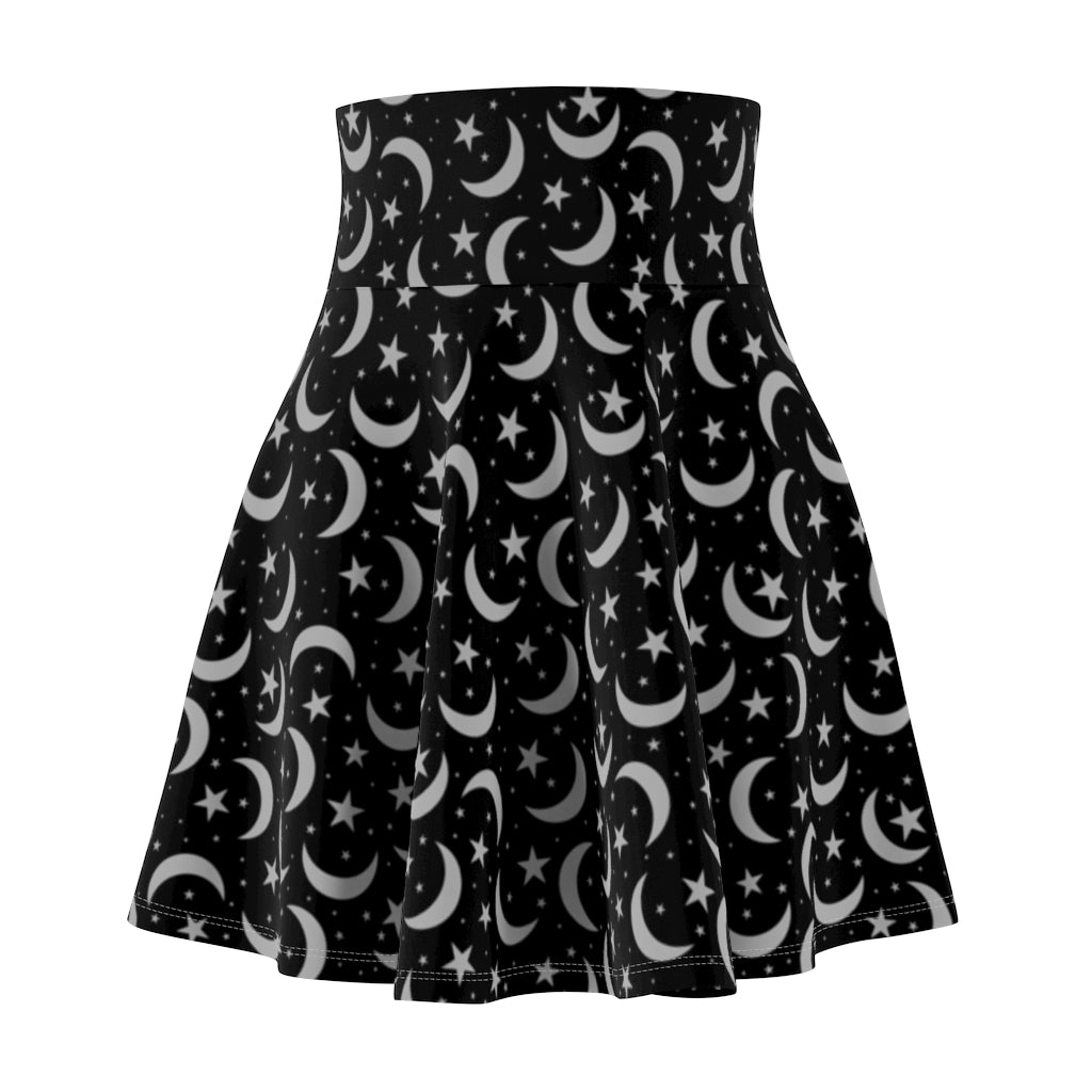 Black Lunar Women's Skater Skirt | Witch Skirt | Wicca Apparel | Witches Dress | Occult Night Sky Moon Skirt Celestial