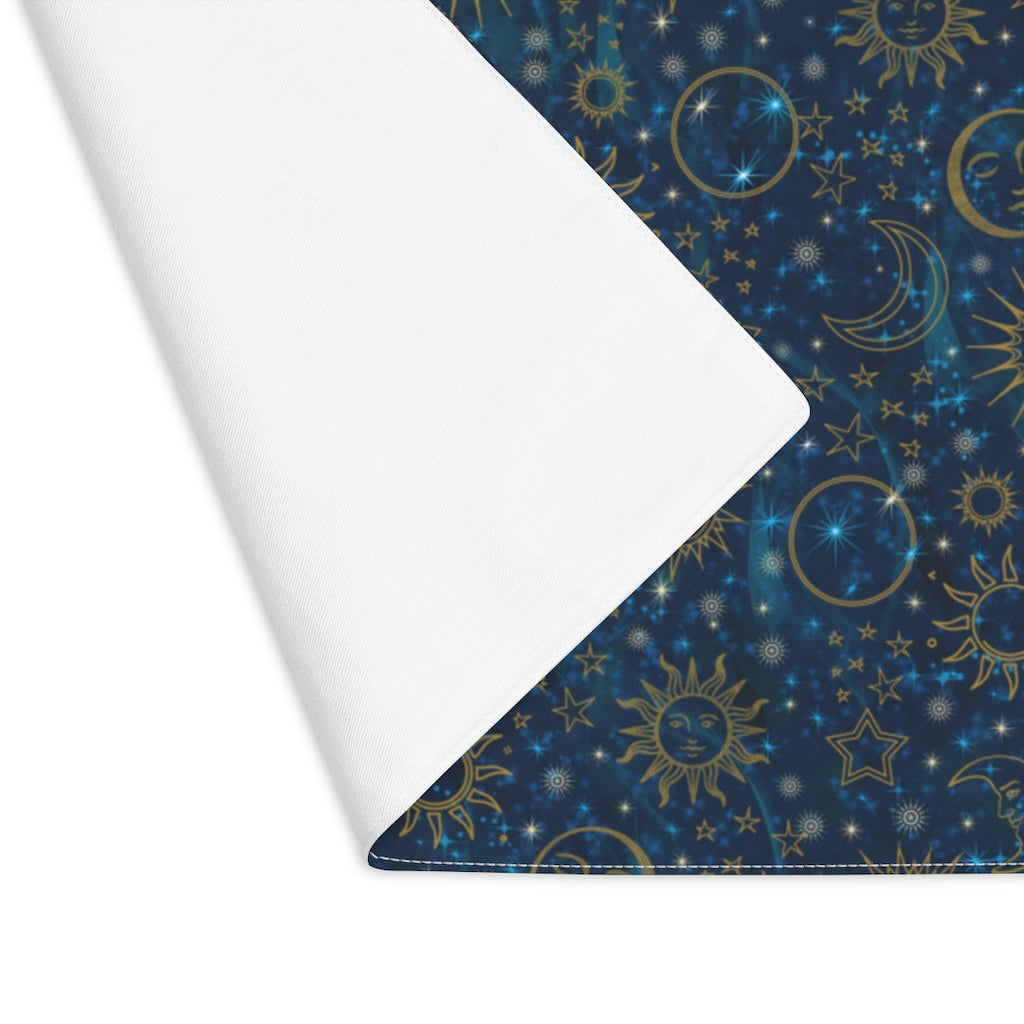Turquoise Blue Celestial Placemat | Cotton Fabric Placemat 18 x 14 Inches | Witch Home Decor | Suns Moons Stars | Tarot Mat