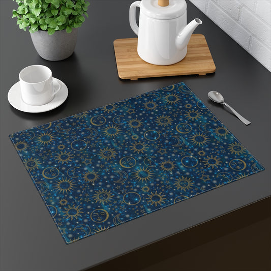 Turquoise Blue Celestial Placemat | Cotton Fabric Placemat 18 x 14 Inches | Witch Home Decor | Suns Moons Stars | Tarot Mat