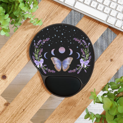 Boho Chic Purple Butterfly and Moon Phases Mouse Pad With Wrist Rest, Lavender Witch Cottagecore Office Decor
