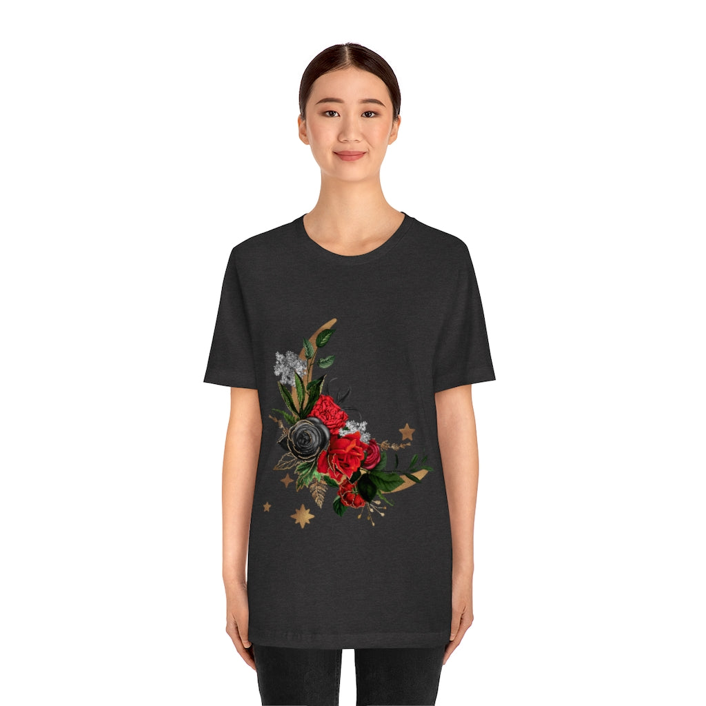 Moon Flowers Dark Gray Red Roses, Witch Shirt, Unisex Jersey Short Sleeve Tee, Womens Goth T-Shirt, Flowers Wicca Clothing Clothes