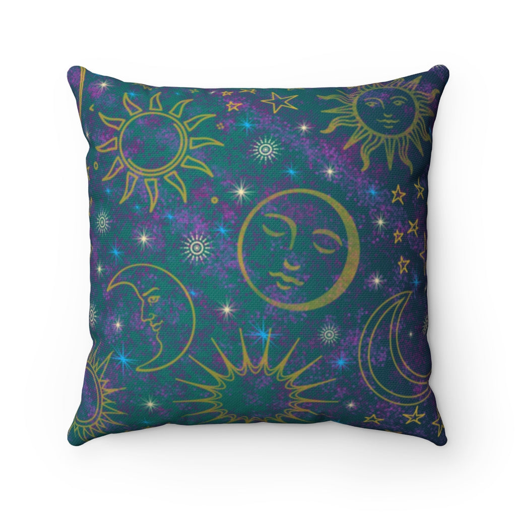 Turquoise Blue Purple and Gold Celestial Sun Moon - Spun Polyester Square Pillow Case with Zipper