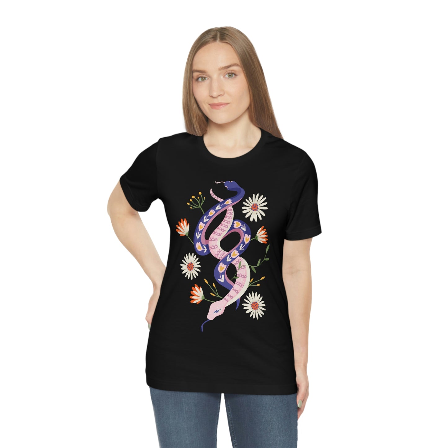 69 Snakes with Flowers Black T-Shirt, Unisex Jersey Short Sleeve Tee
