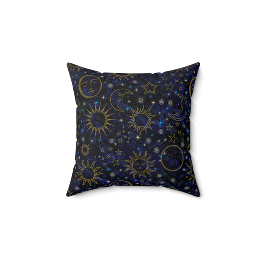 Celestial Night Sky Faux Suede Square Pillow Case With Zipper Dark Blue Gold Suns Moons Stars