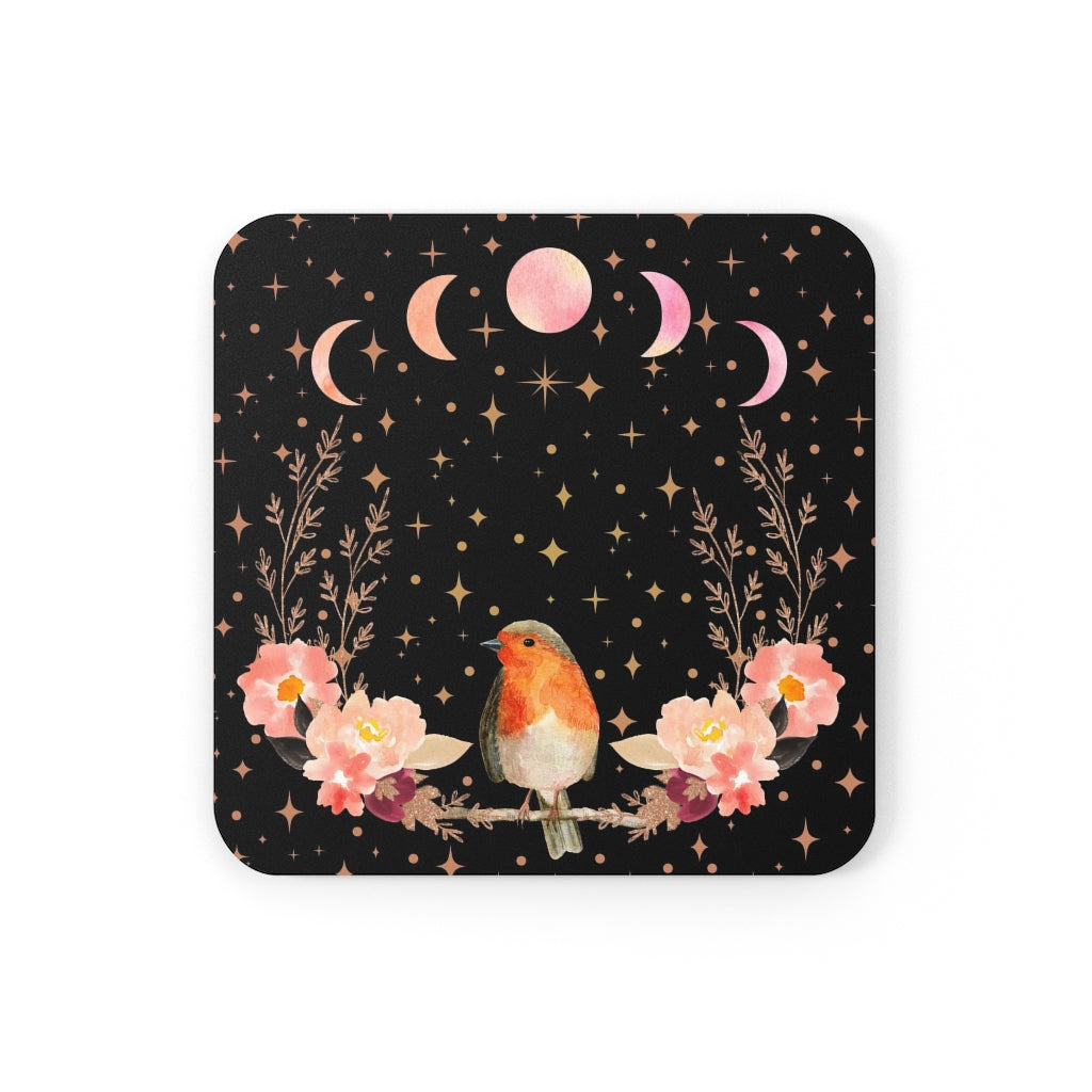 Orange Songbird - Corkwood Coasters Set - Peach Moon Phases Witchy