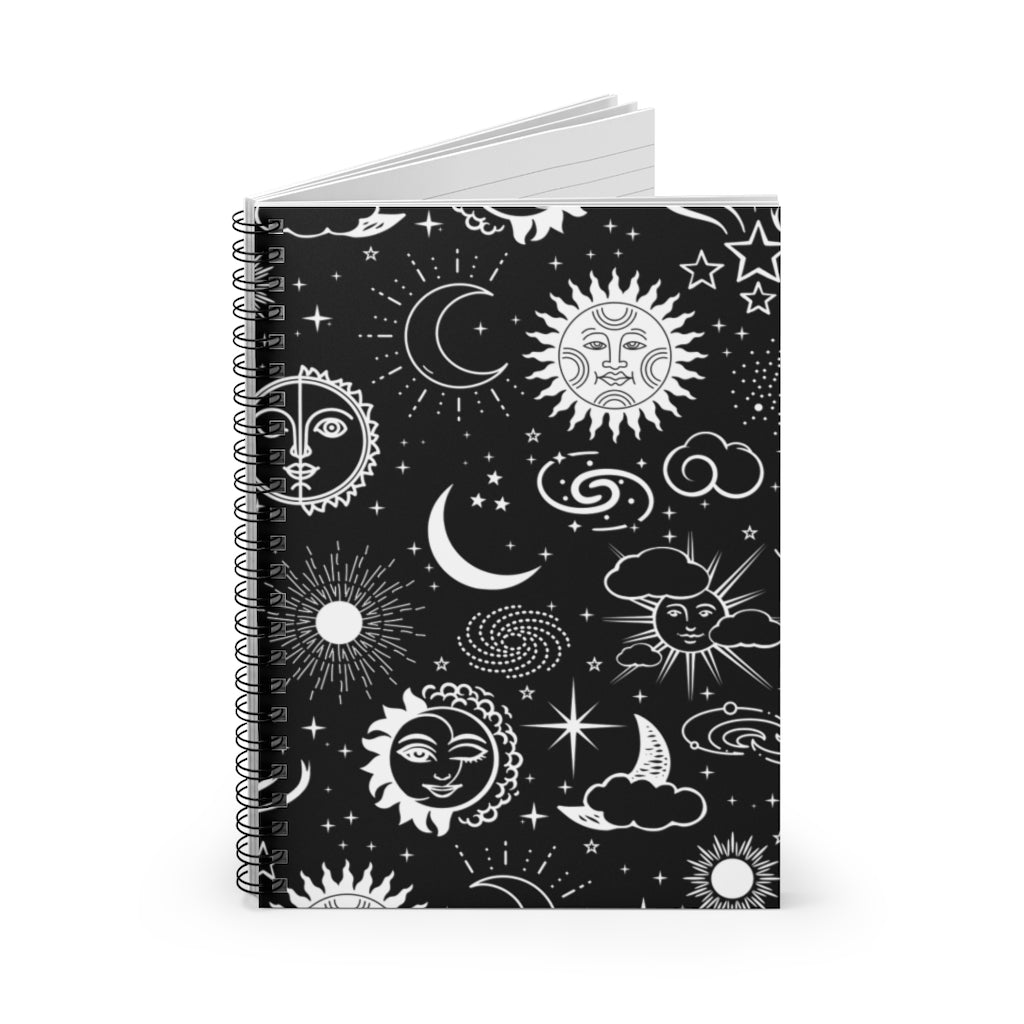 Black and White Celestial - Spiral Notebook 8x6 - Ruled Line - gift for mom