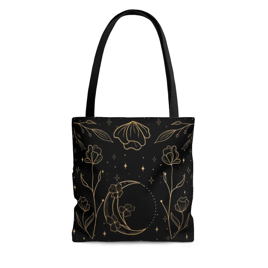 Witch Tote Bag, Cute Flower Moon Cottagecore Grocery Bag, Reusable Shopping Bag, Black Witch Bag