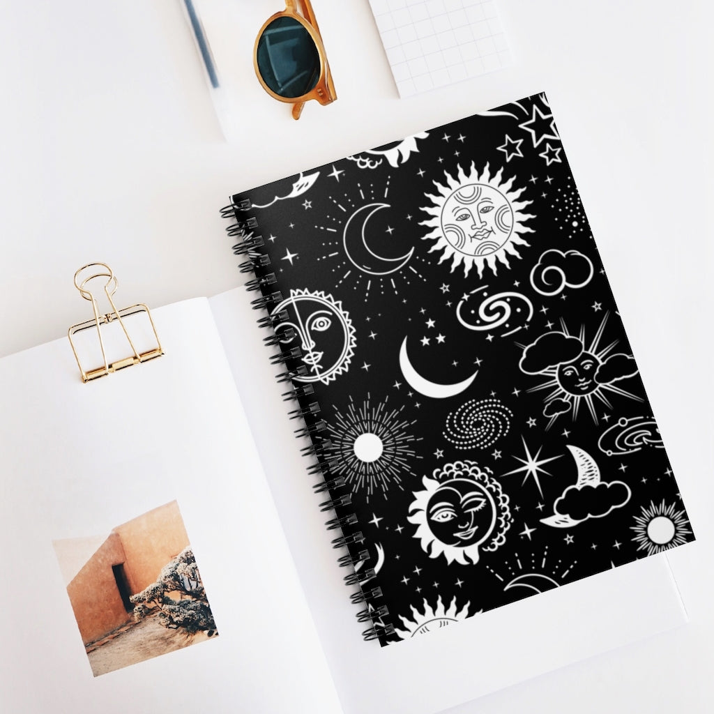 Black and White Celestial - Spiral Notebook 8x6 - Ruled Line - gift for mom