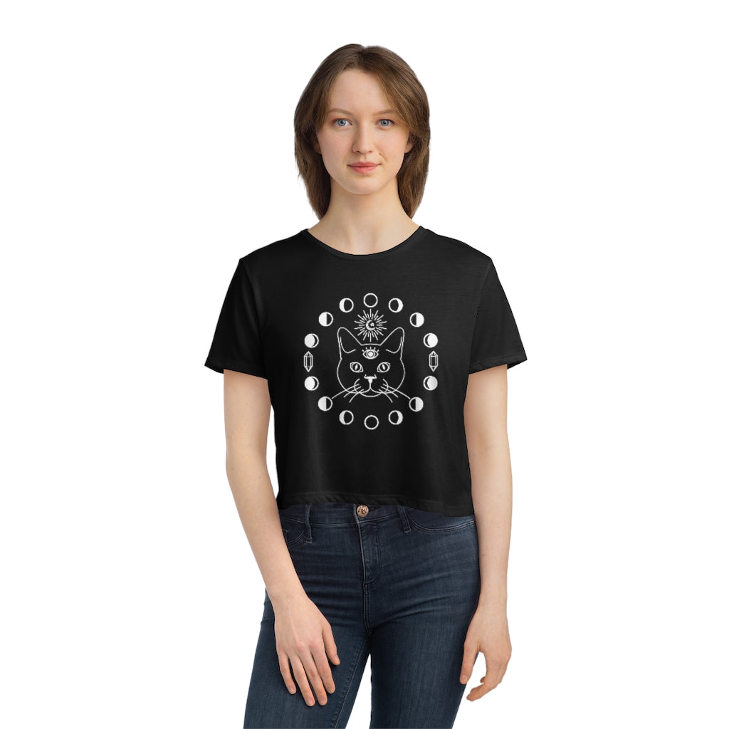Witchy Cat Cropped Tee with Moon Phases T-Shirt