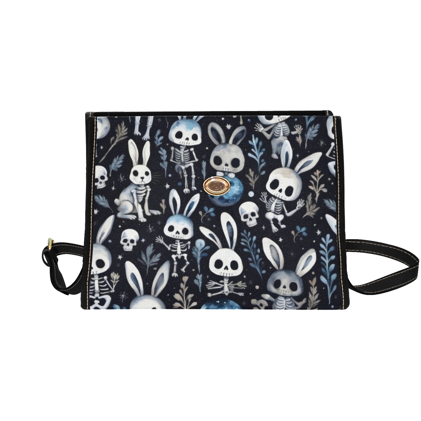 Black Blue Creepy Easter Handbag, Bunny Rabbit Goth Purse, Skulls Skeletons Canvas Satchel bag