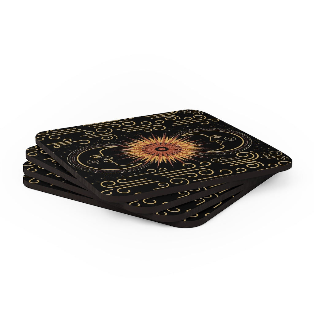 Sun and Man In The Moon - Corkwood Coasters Set - Peach Moon Phases Witchy