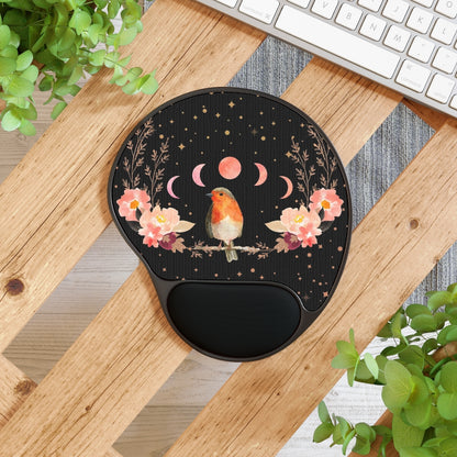 Songbird Mouse Pad With Wrist Rest, Cottagecore Office Decor, Robin Orange Bird Mouse Pad, Lunar Moon Office Accessory