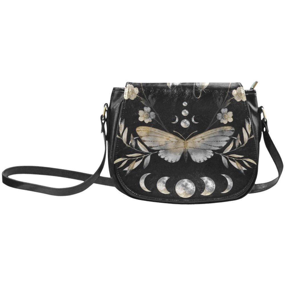 vintage style butterfly and moon phases saddle bag purse