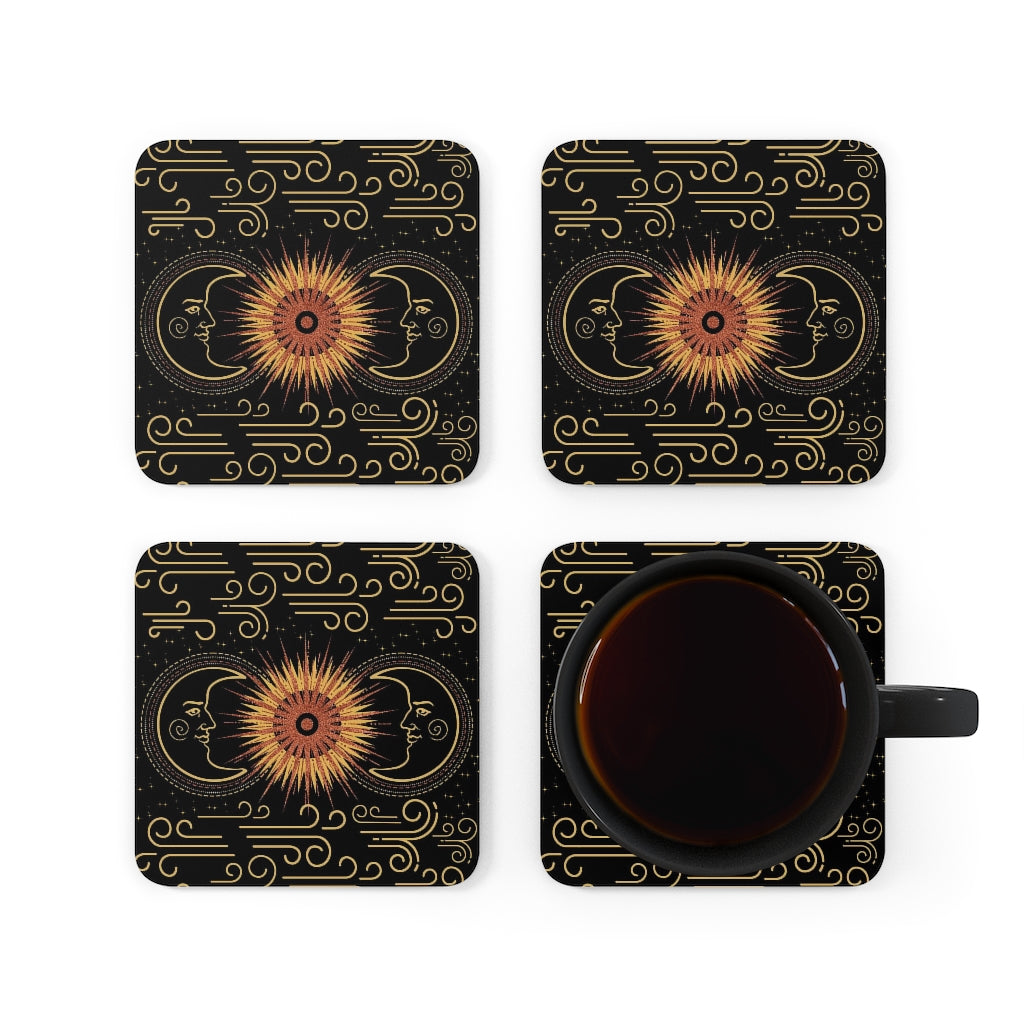 Sun and Man In The Moon - Corkwood Coasters Set - Peach Moon Phases Witchy