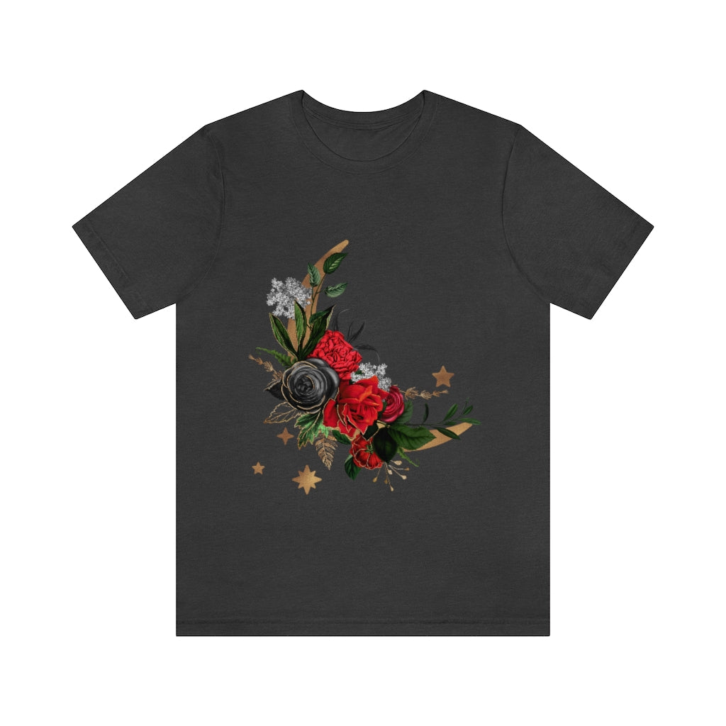 Moon Flowers Dark Gray Red Roses, Witch Shirt, Unisex Jersey Short Sleeve Tee, Womens Goth T-Shirt, Flowers Wicca Clothing Clothes