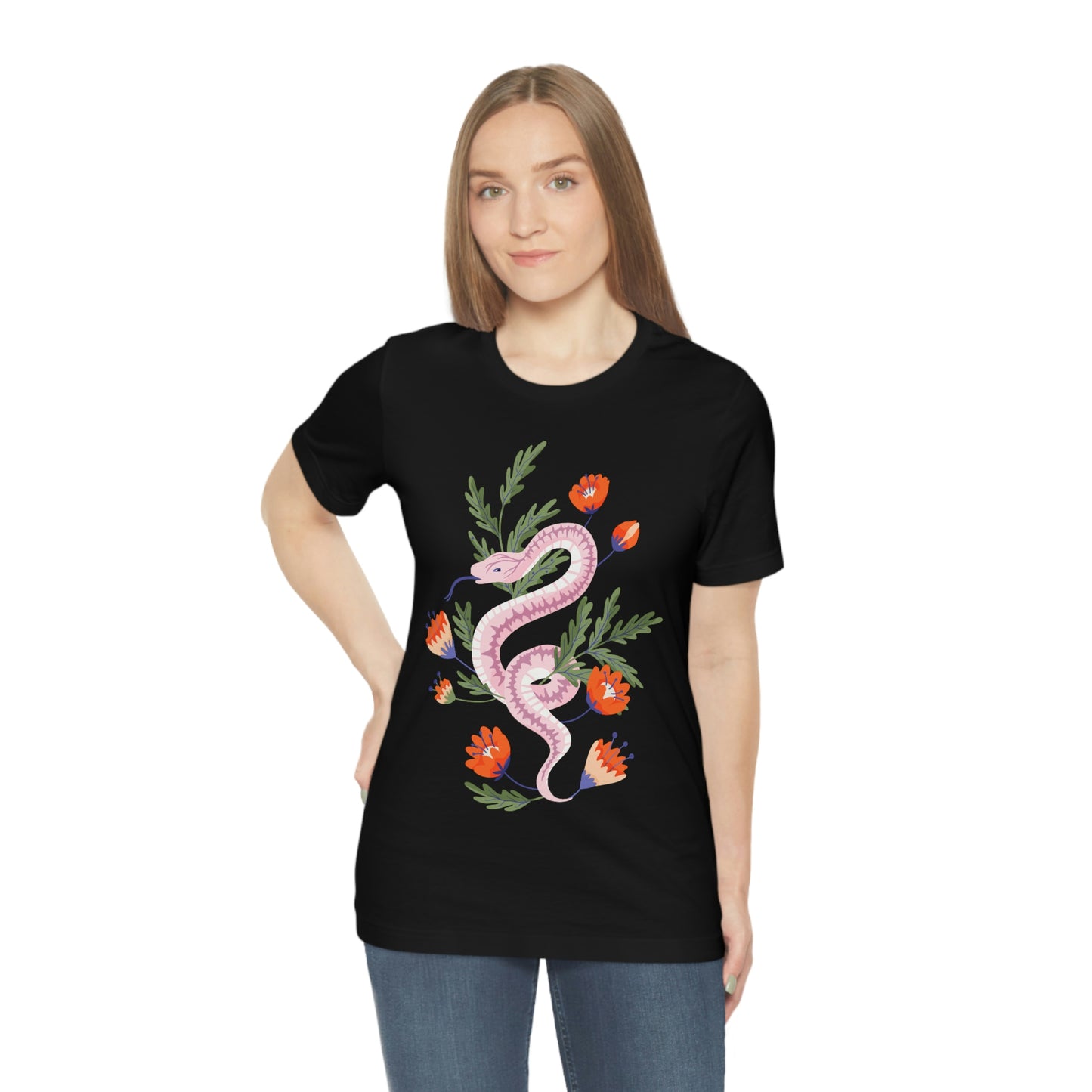 Pink Snake with Red-Orange Flowers Black T-Shirt, Unisex Jersey Short Sleeve Tee