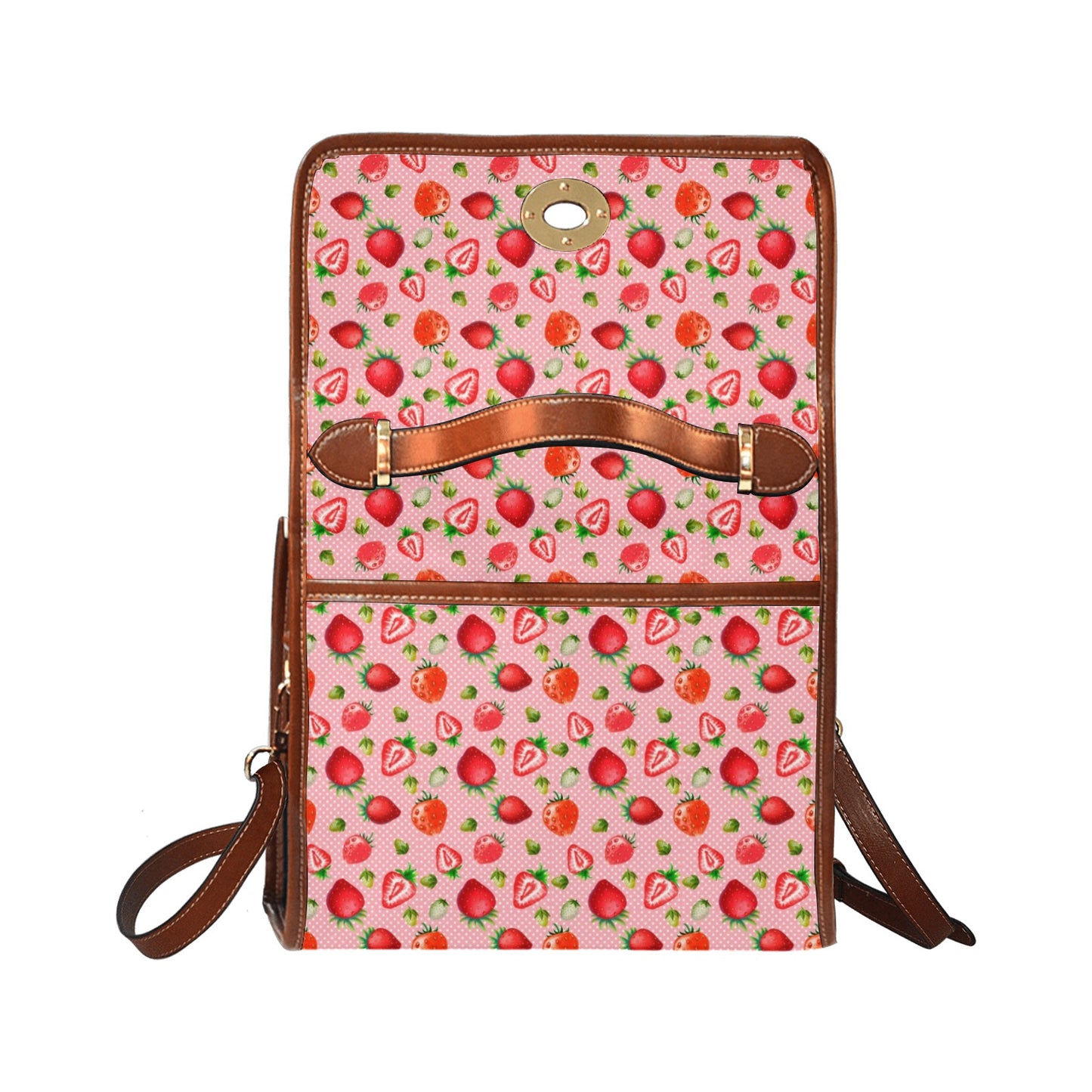 Pink Strawberries Pattern Purse, Canvas Satchel Bag