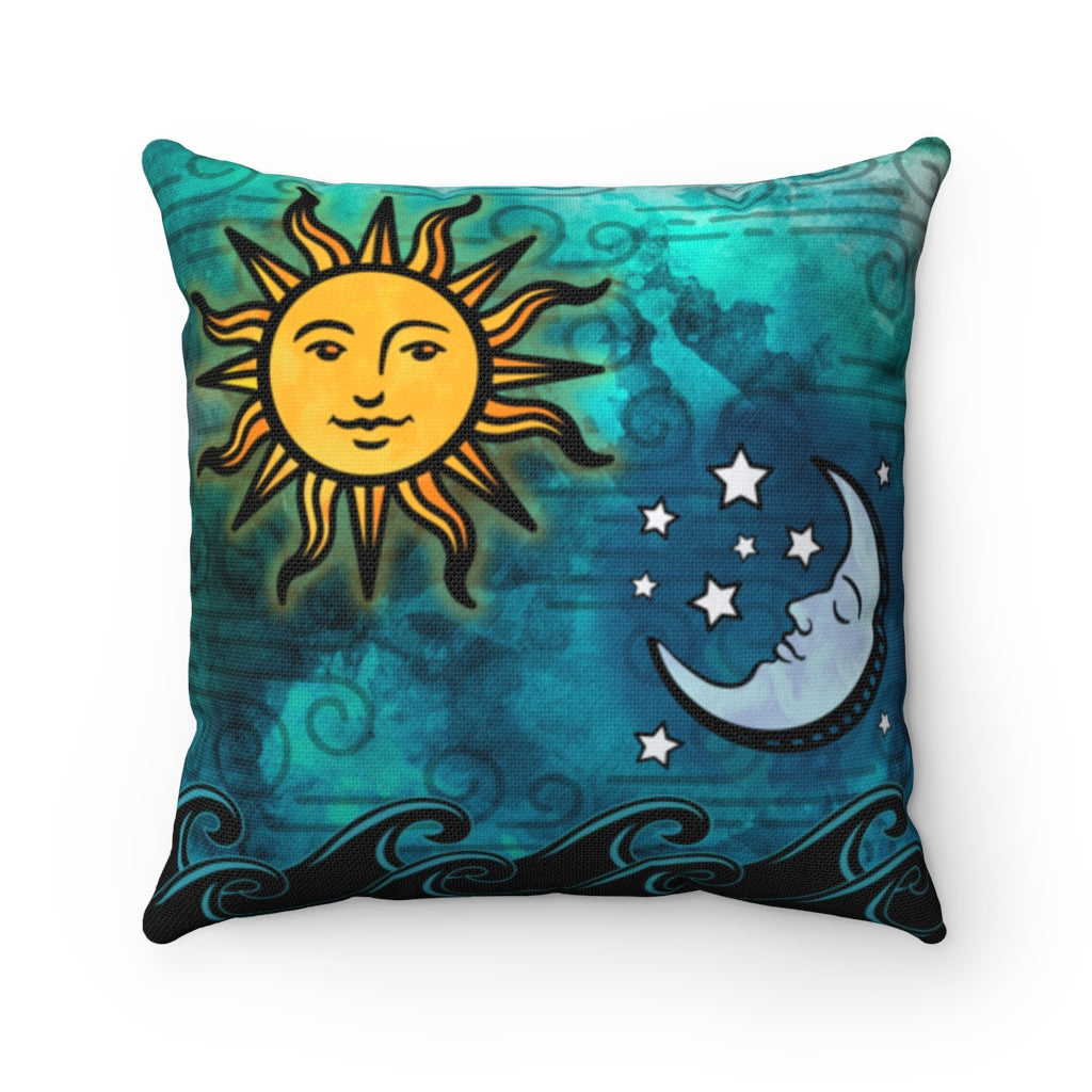 Turquoise Sun Moon Ocean - Spun Polyester Square Pillow Case with Zipper