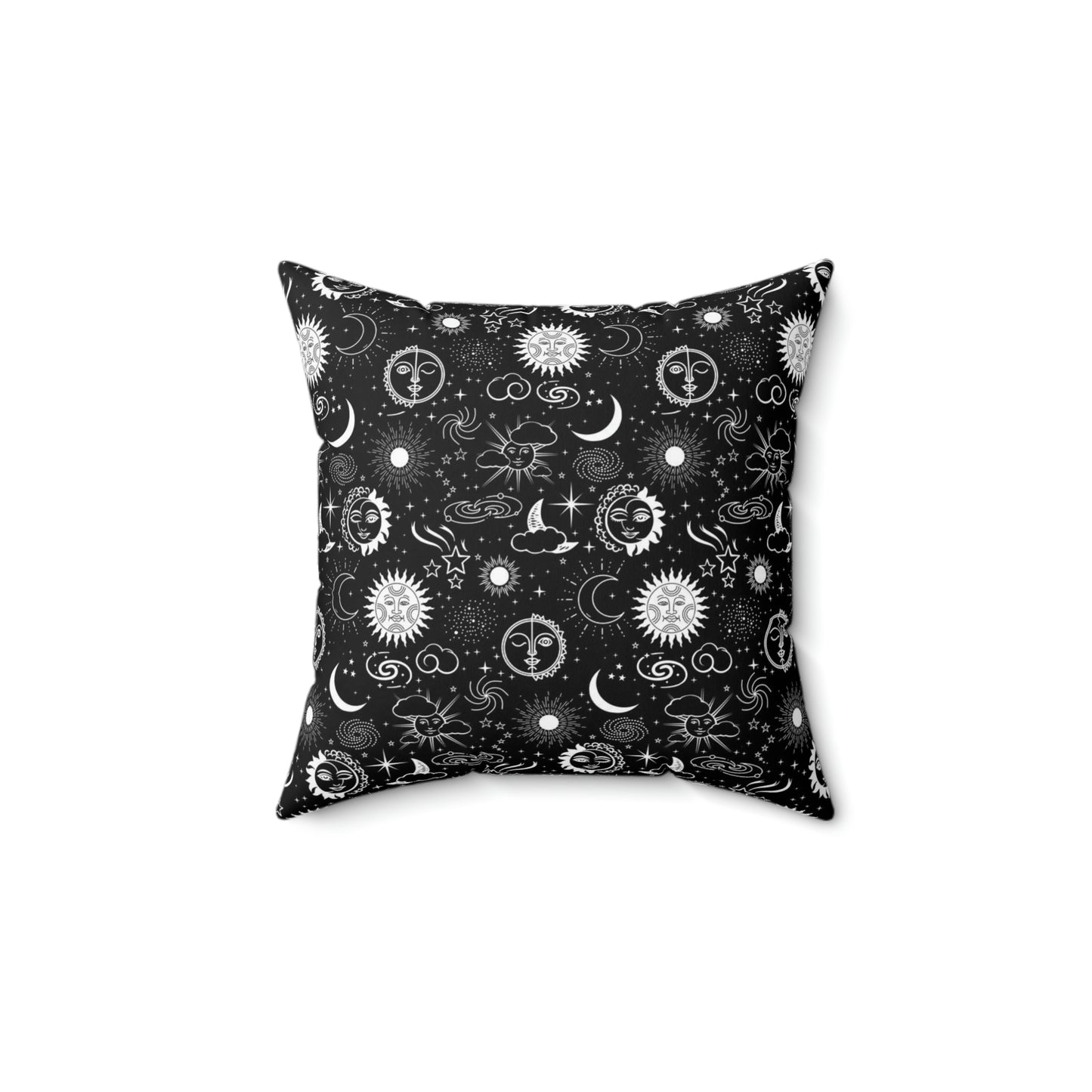 Celestial Black White Faux Suede Square Pillow Case With Zipper Suns Moons Stars