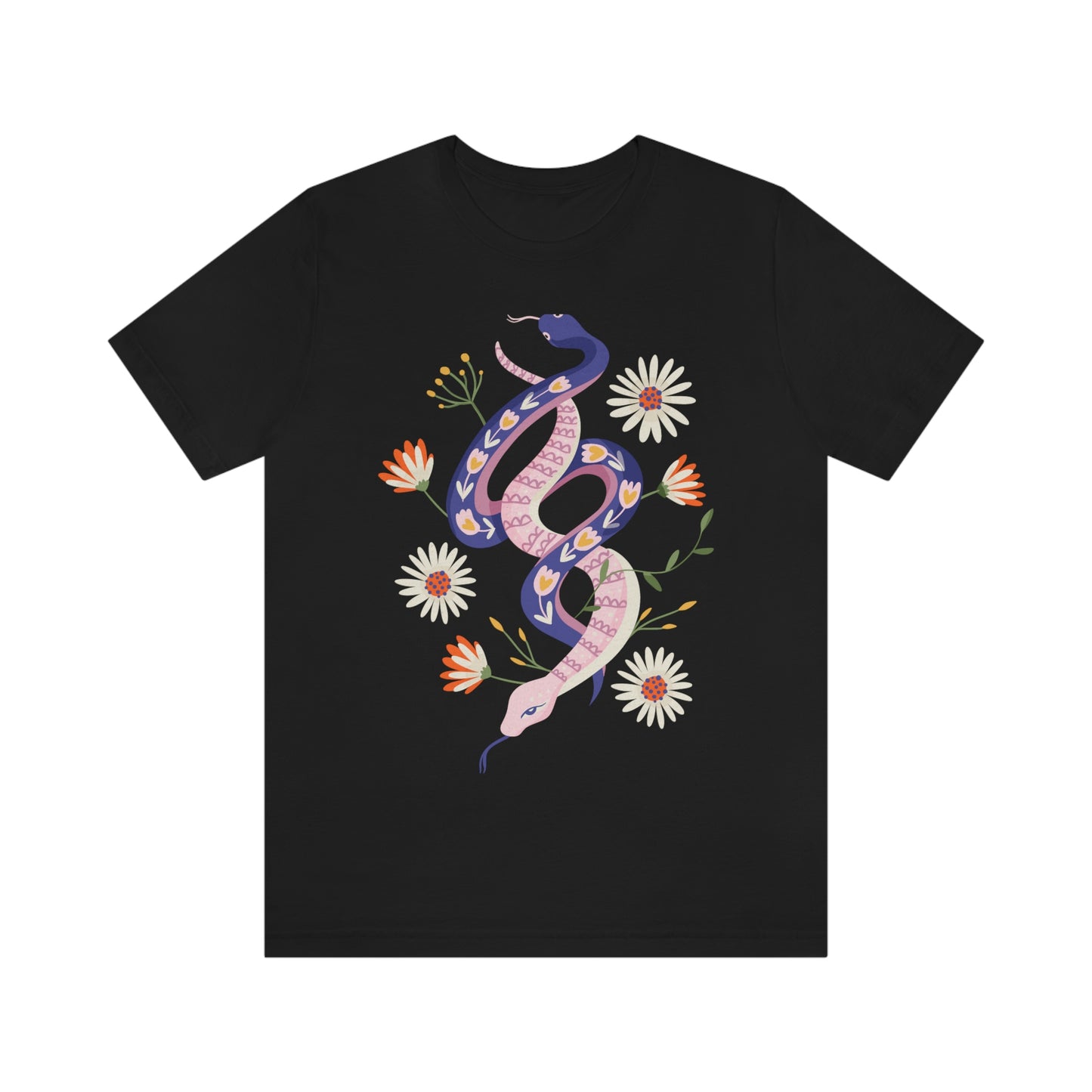 69 Snakes with Flowers Black T-Shirt, Unisex Jersey Short Sleeve Tee
