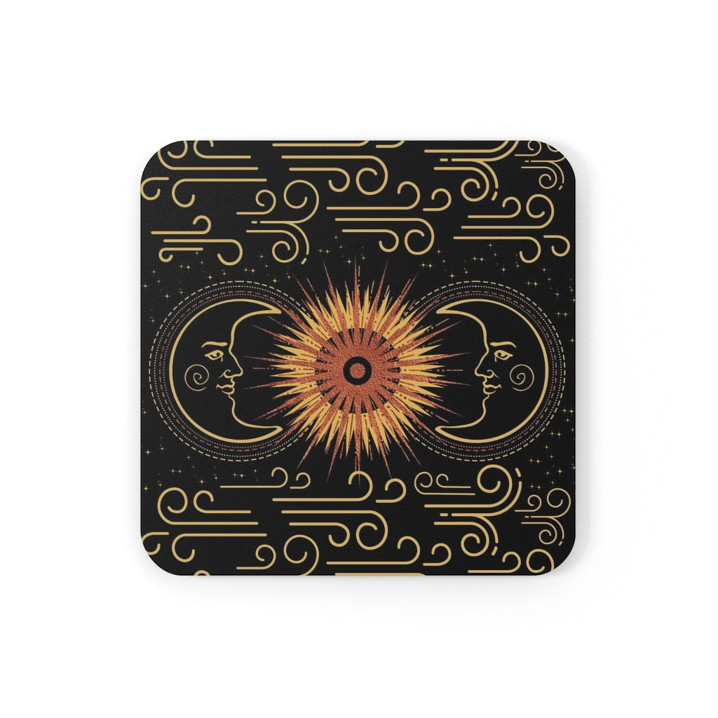 Sun and Man In The Moon - Corkwood Coasters Set - Peach Moon Phases Witchy