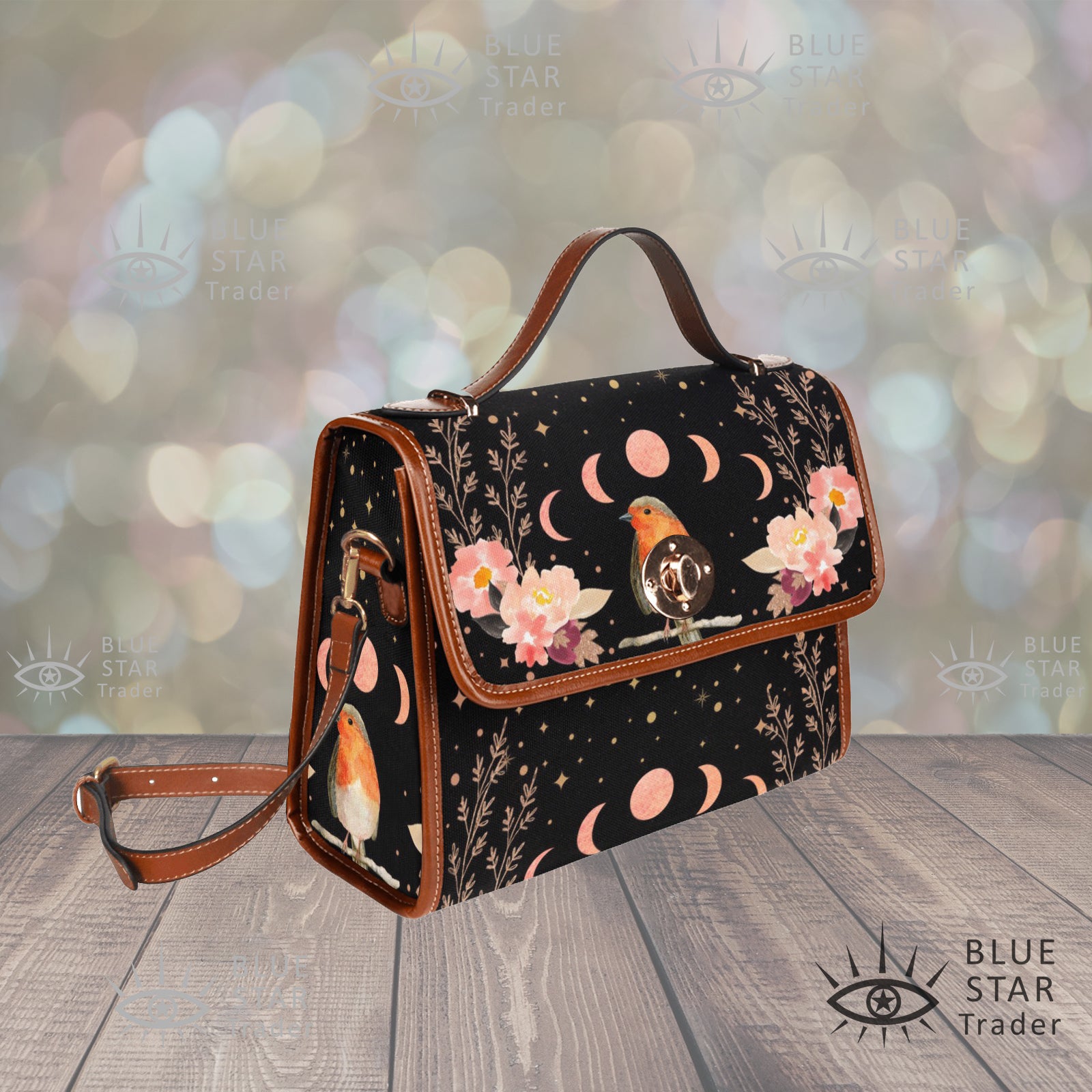 black orange songbird and moon phases floral purse handbag shoulderbag