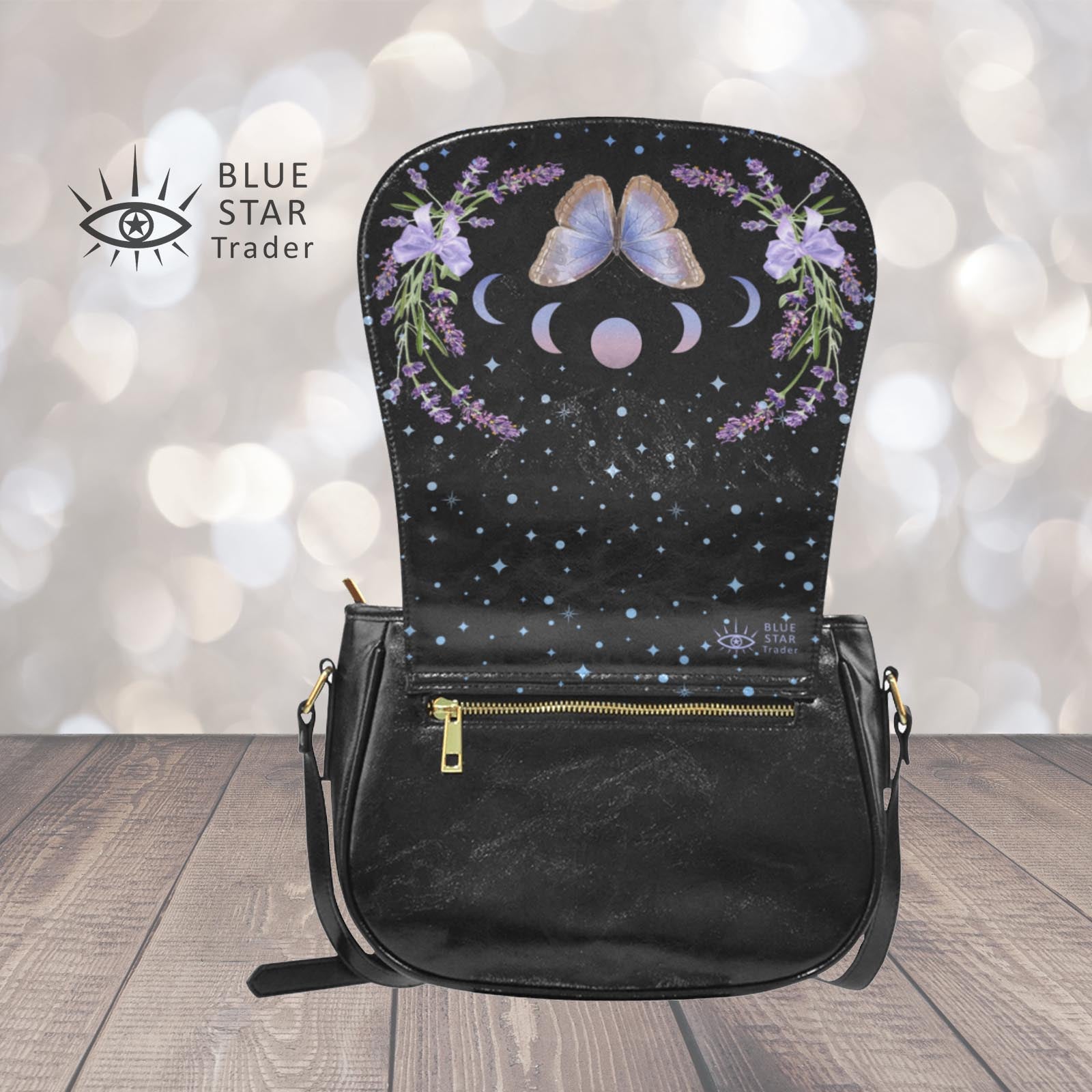 witchy purple butterfly with moon phases saddlebag