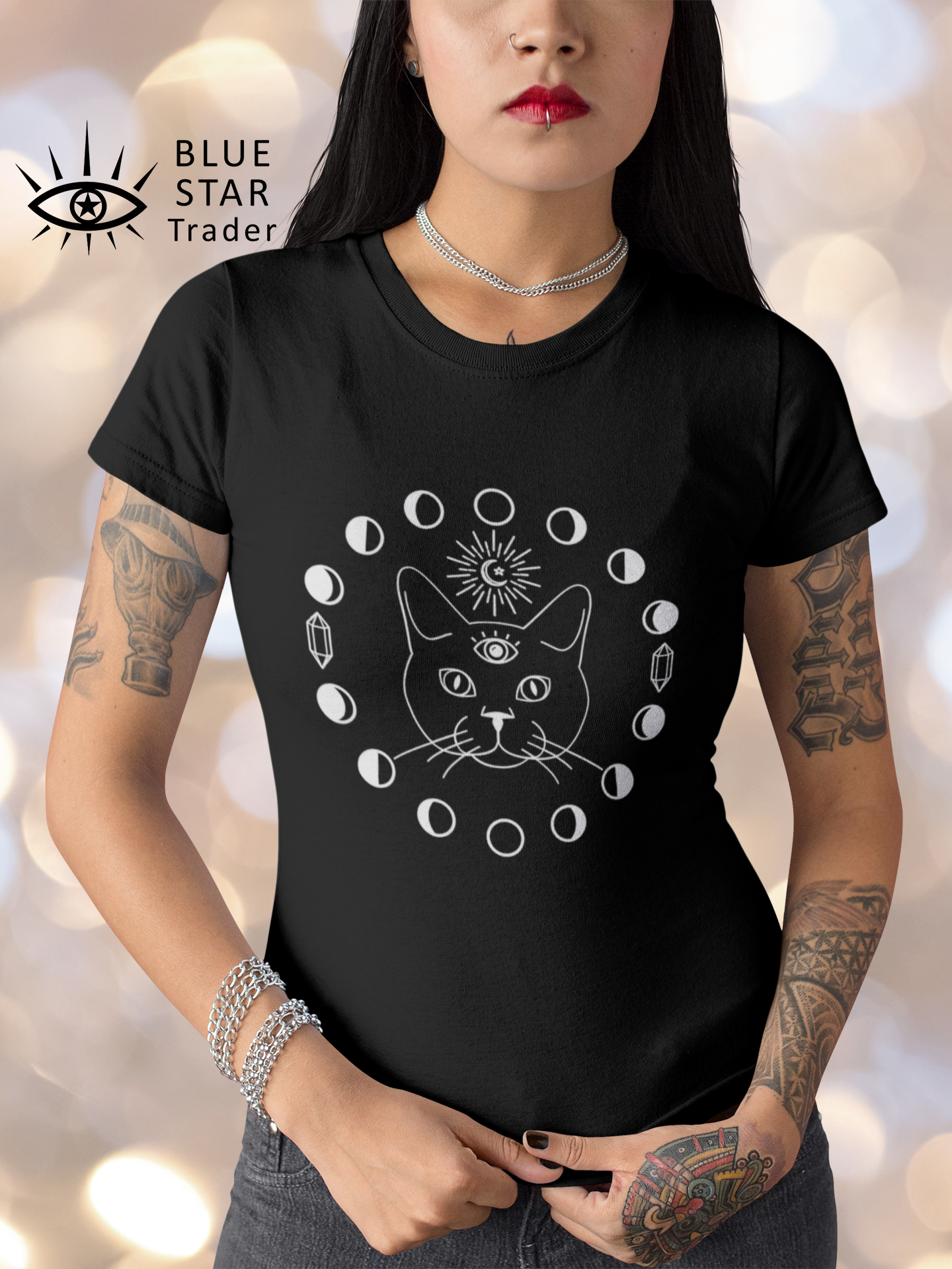 Witch Black Tee, Cat with Third Eye, Moon Phases and Crystals. Witch Shirt, Unisex Short Sleeve Tee, Womens T-Shirt, Clothing Clothes