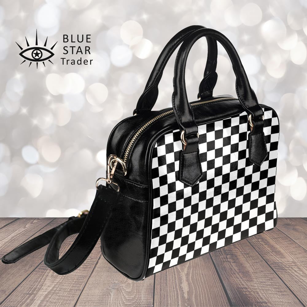 Grey and white store checkered purse