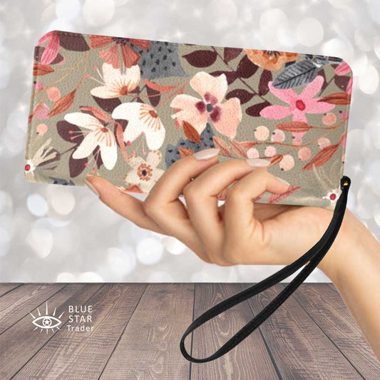 Boho Taupe Floral Clutch Purse Zippered Wallet with Strap
