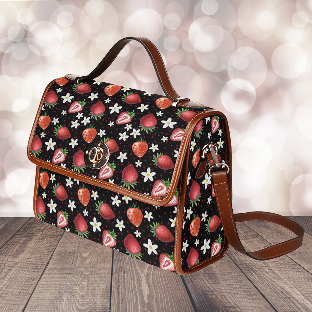 Kawaii Black Strawberries Purse, Canvas Satchel Bag