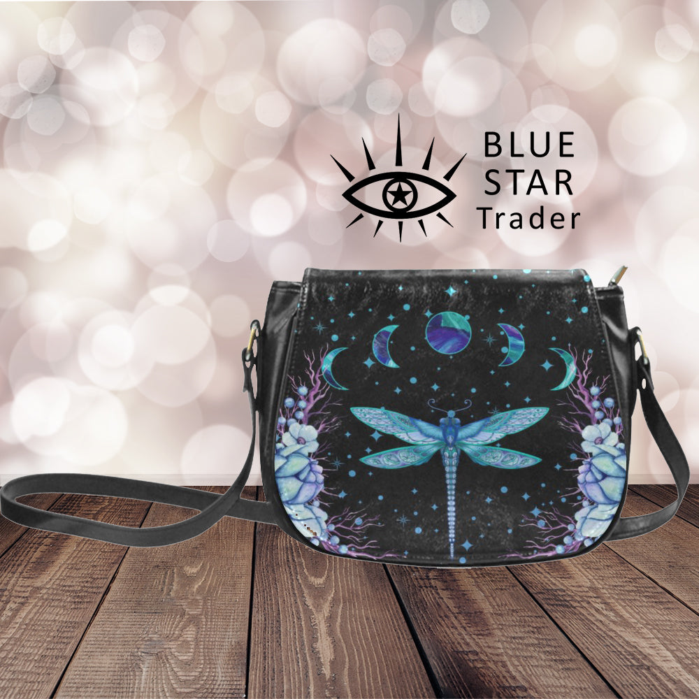 witchy saddlebag purse with blue dragonfly