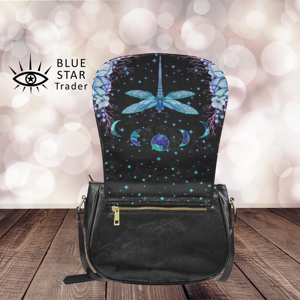 blue dragonfly with moon phases saddlebag purses