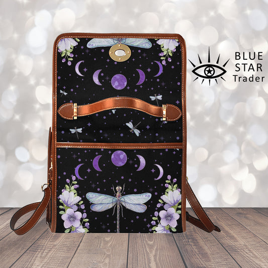 Purple Dragonfly Canvas Satchel bag, Cute Womens Purse Moon Phases