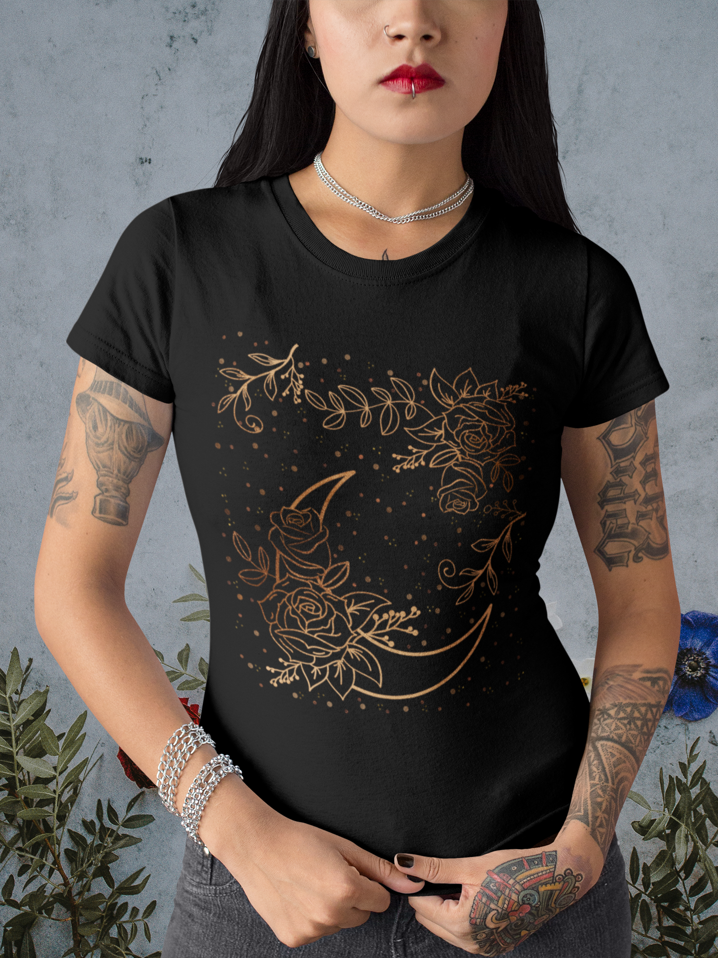 witchy crescent moon floral tee shirt