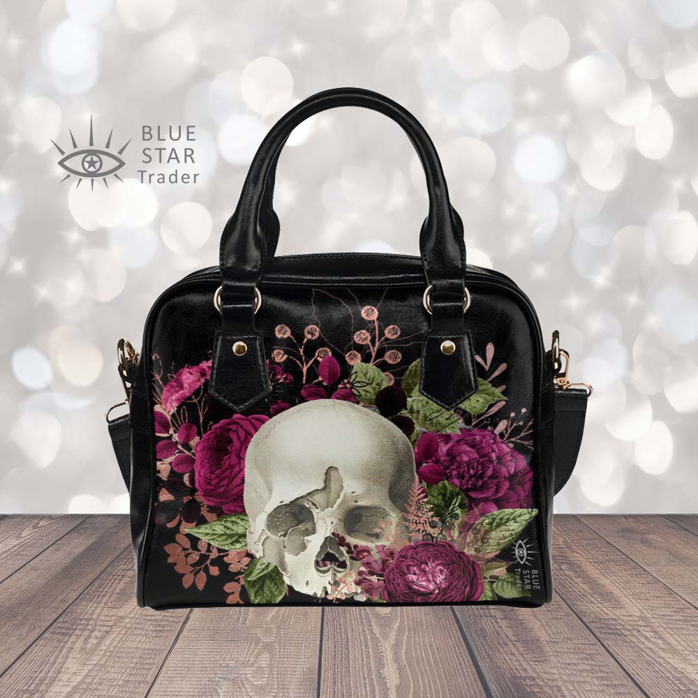 Skull and Violet Flowers Goth Bowler Bag Purse
