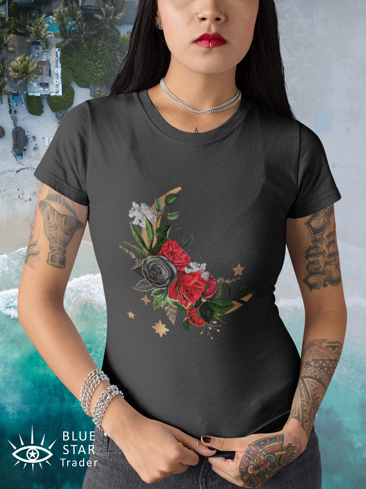 Moon Flowers Dark Gray Red Roses, Witch Shirt, Unisex Jersey Short Sleeve Tee, Womens Goth T-Shirt, Flowers Wicca Clothing Clothes