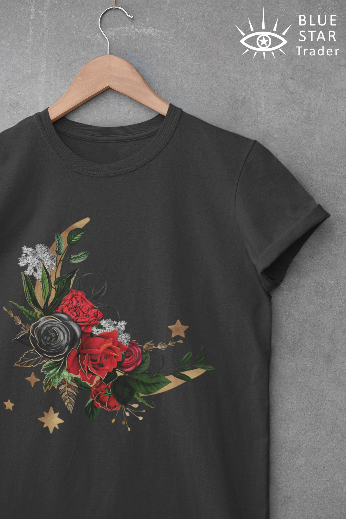 Moon Flowers Dark Gray Red Roses, Witch Shirt, Unisex Jersey Short Sleeve Tee, Womens Goth T-Shirt, Flowers Wicca Clothing Clothes