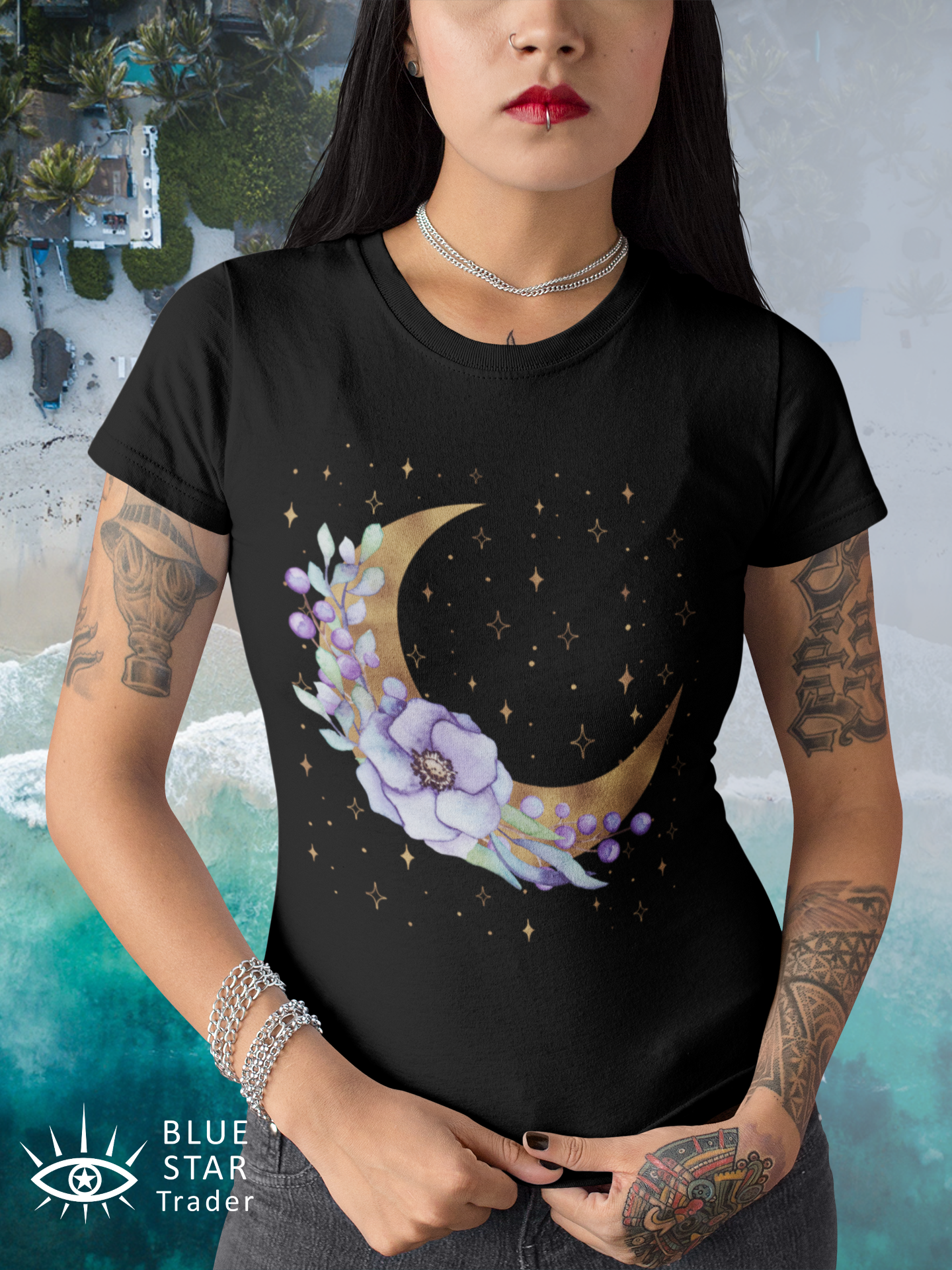 Purple Moon Floral Black Tee, Witch Shirt, Unisex Jersey Short Sleeve Tee, Womens Bella Canvas T-Shirt, Flowers Wicca Clothing Clothes