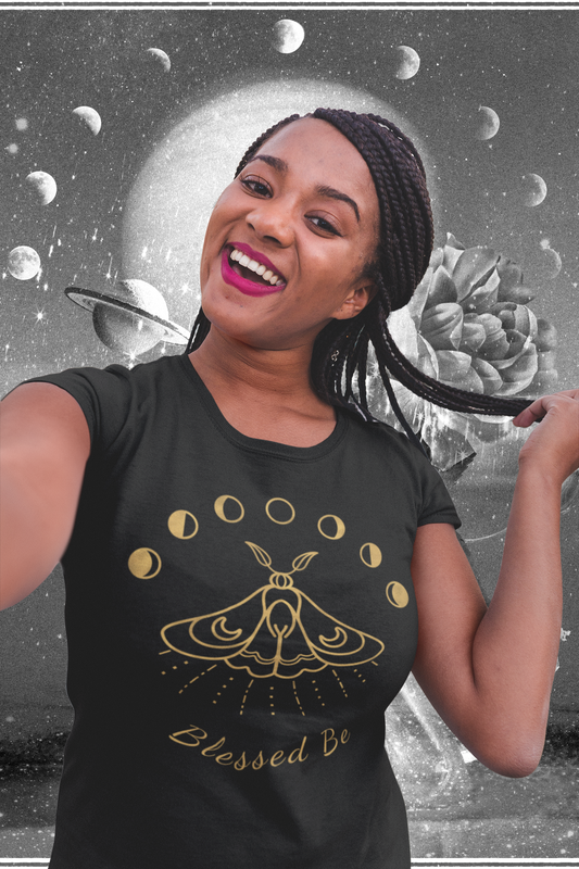 Blessed Be Moon Phases Moth Black Tee