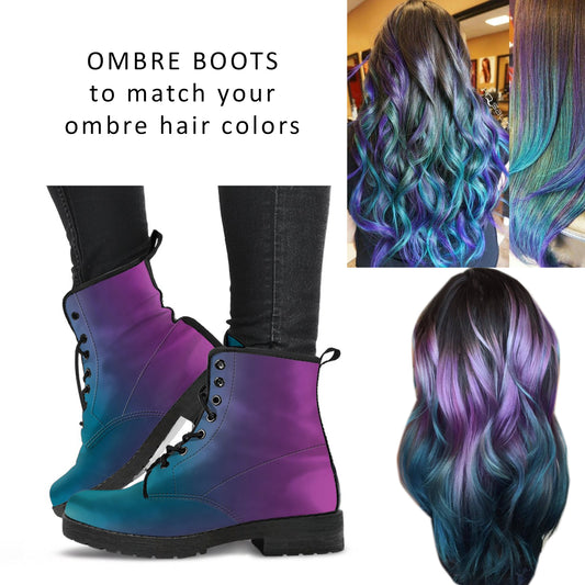 Teal Purple Ombre Vegan Boots Lace-Up