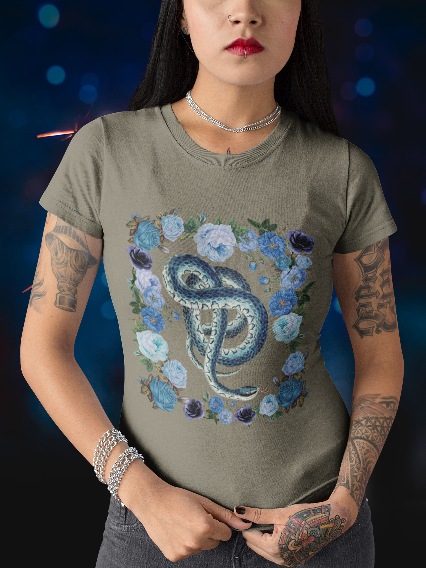 Vintage Illustration Blue Snake Floral Black Tee, Womens Bella Canvas T-Shirt, Unisex Jersey Short Sleeve Tee Witch Shirt