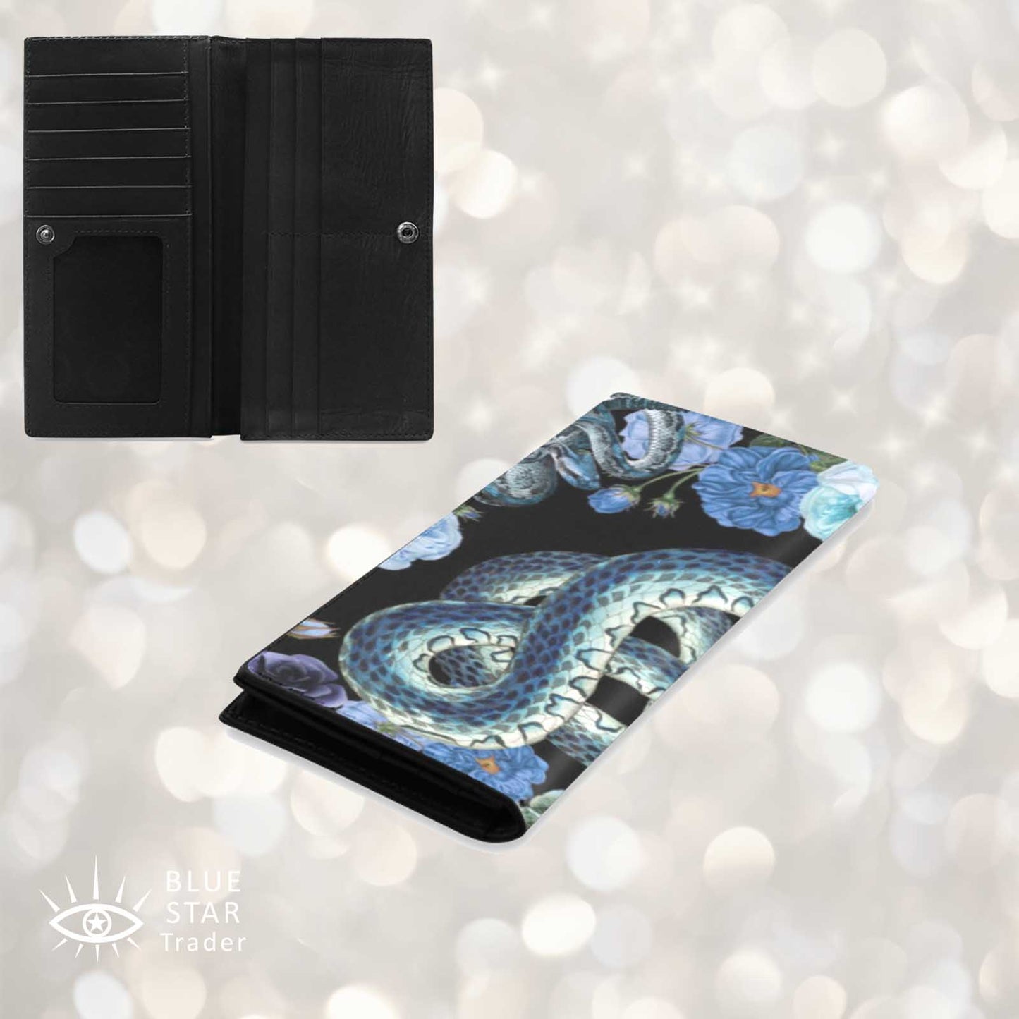 Blue Snakes and Roses Black Bifold Wallet
