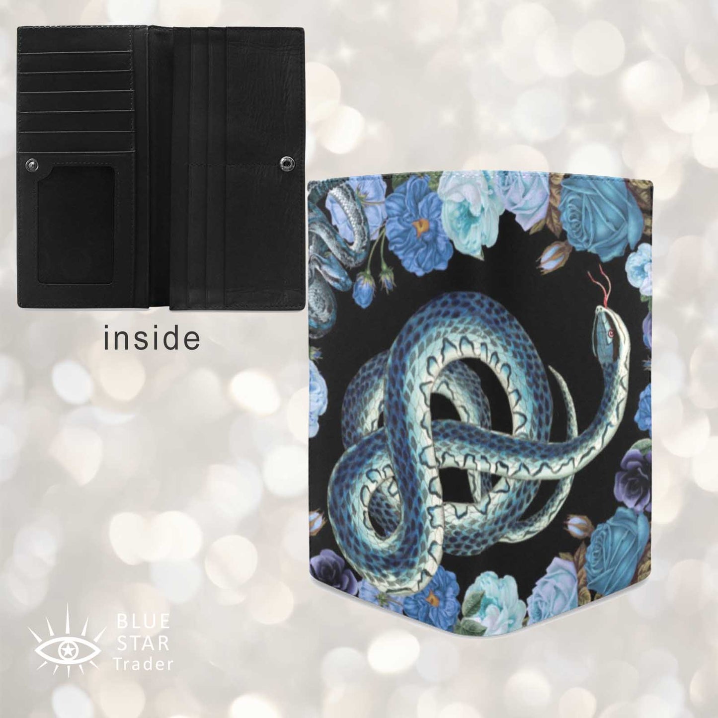 Blue Snakes and Roses Black Bifold Wallet