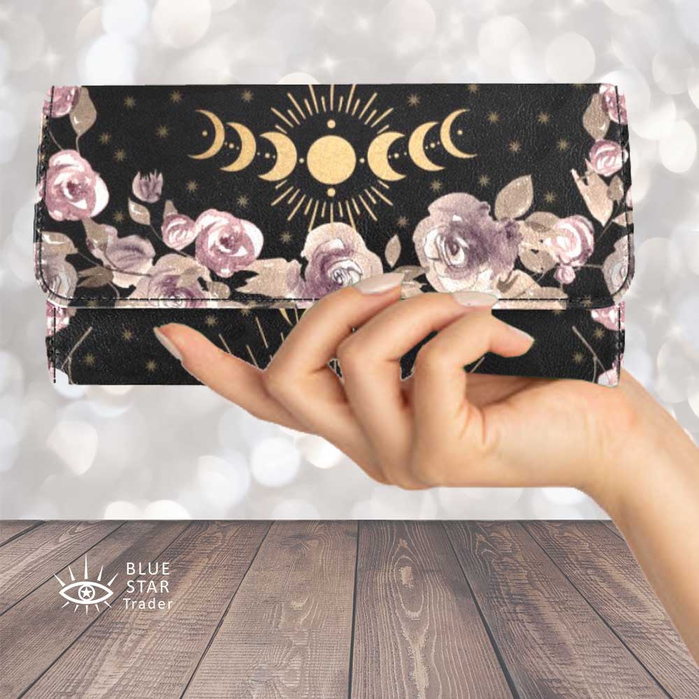 Pale Roses Cottagecore Watercolor Trifold Wallet Suns Moons Flowers