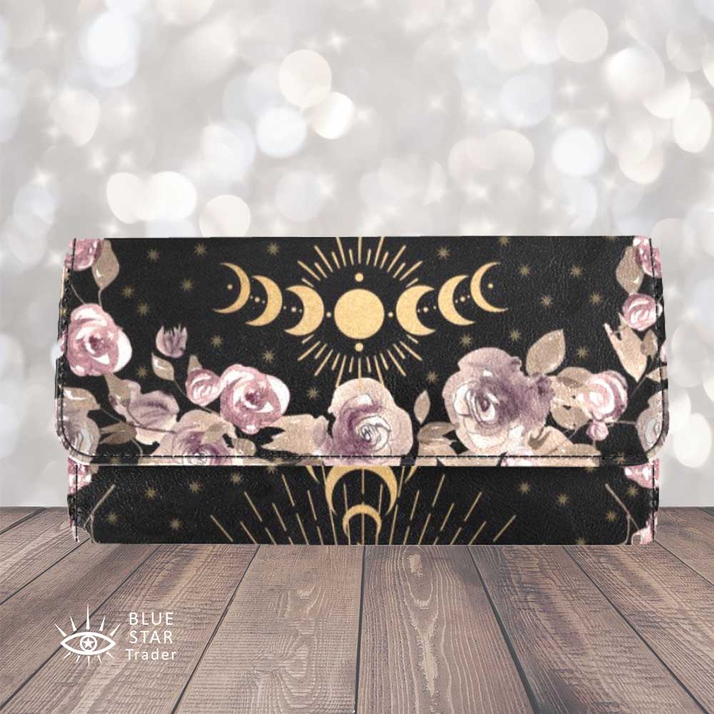 Pale Roses Cottagecore Watercolor Trifold Wallet Suns Moons Flowers