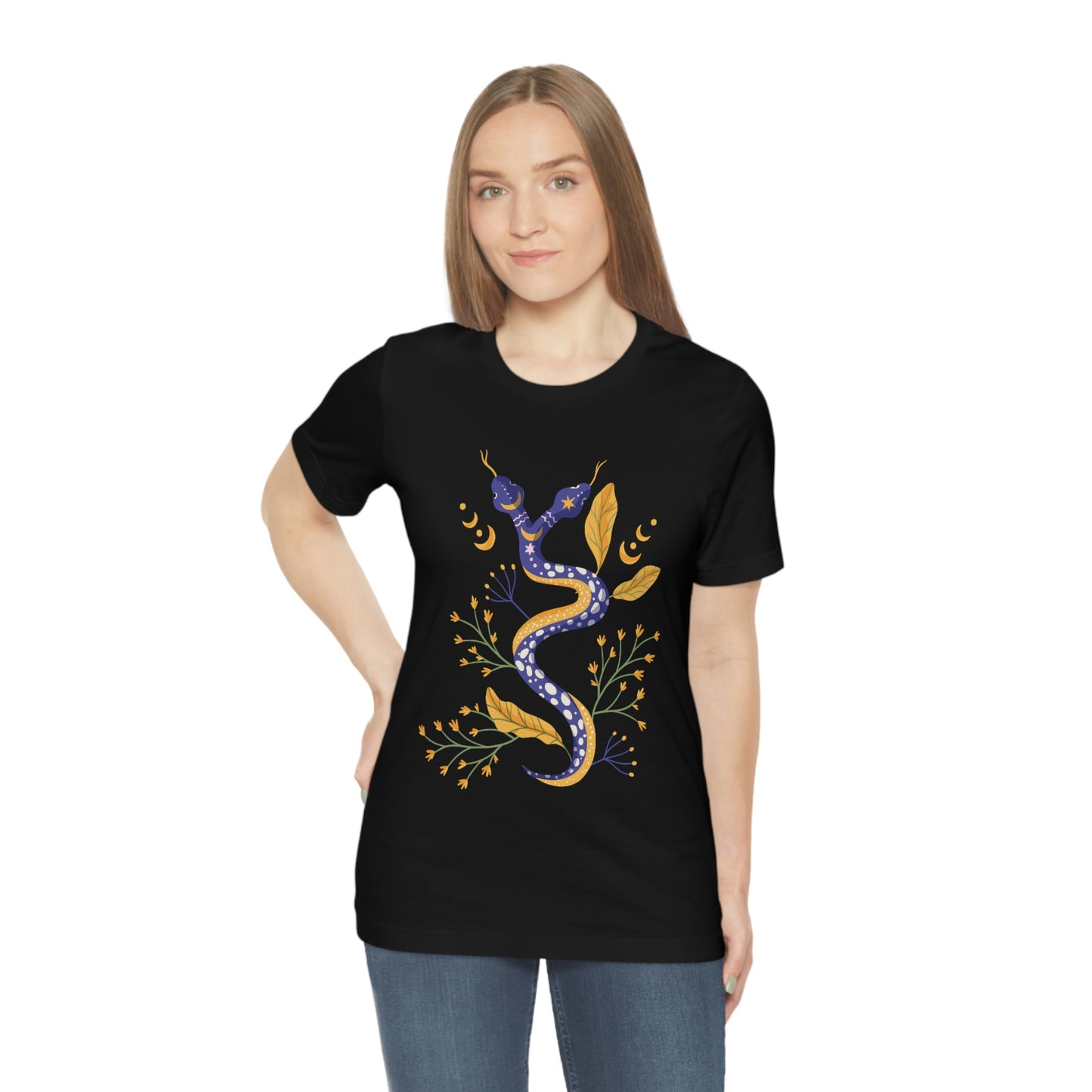 Double-Headed Snake, Moon Phases, Flowers, Black T-Shirt, Unisex Jersey Short Sleeve Tee