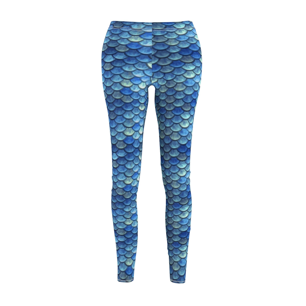 Blue Mermaid Scales Leggings | Women's Casual Stretch Pants | Fantasy Workout Clothing Blue Fish Scales