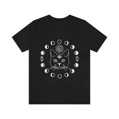 Witch Black Tee, Cat with Third Eye, Moon Phases and Crystals. Witch Shirt, Unisex Short Sleeve Tee, Womens T-Shirt, Clothing Clothes