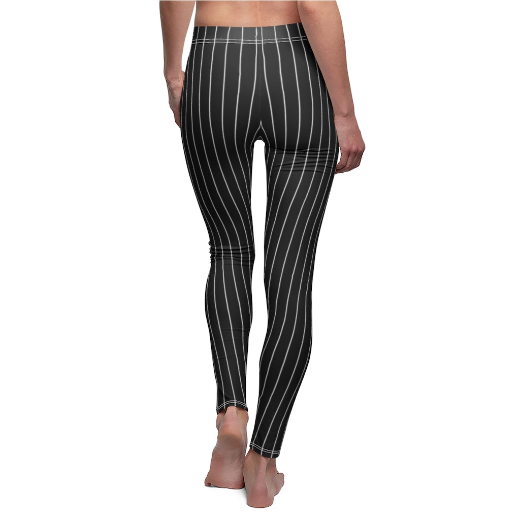 Jack Skellington Leggings | Pinstripes Black White Women's Casual Stretch Pants | Halloween Costume Workout Clothing